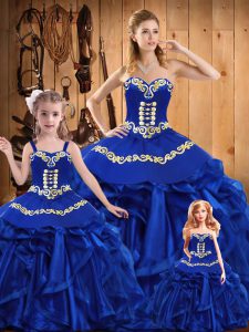 Sleeveless Floor Length Embroidery and Ruffles Lace Up Sweet 16 Quinceanera Dress with Royal Blue