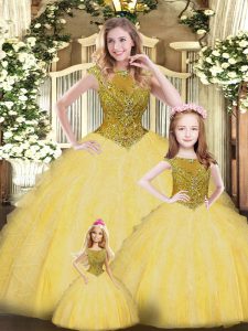 Unique Gold Vestidos de Quinceanera Military Ball and Sweet 16 and Quinceanera with Beading and Ruffles Scoop Sleeveless Lace Up