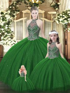 Floor Length Dark Green Quinceanera Dress Halter Top Sleeveless Lace Up