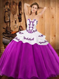 Pretty Fuchsia Satin and Organza Lace Up Quinceanera Dress Sleeveless Floor Length Embroidery