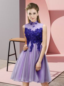 Most Popular Knee Length Lace Up Quinceanera Court Dresses Lavender for Prom and Party and Wedding Party with Appliques
