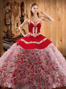 Adorable Sweetheart Sleeveless Satin and Fabric With Rolling Flowers Quinceanera Gown Embroidery Sweep Train Lace Up