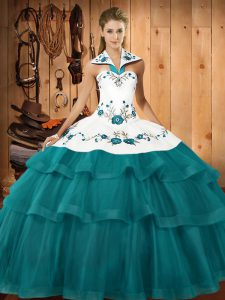 Elegant Lace Up Sweet 16 Dress Teal for Military Ball and Sweet 16 and Quinceanera with Embroidery and Ruffled Layers Sweep Train