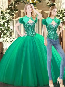 Luxurious Sleeveless Tulle Floor Length Lace Up Sweet 16 Dresses in Green with Beading