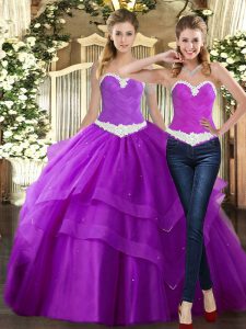 Beading and Ruching 15 Quinceanera Dress Purple Lace Up Sleeveless Floor Length