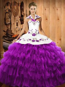 Organza Halter Top Sleeveless Lace Up Embroidery and Ruffled Layers 15th Birthday Dress in Eggplant Purple