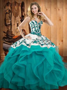 Floor Length Teal 15th Birthday Dress Satin and Organza Sleeveless Embroidery and Ruffles