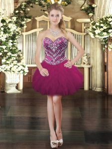 Beading and Ruffles Prom Party Dress Fuchsia Lace Up Sleeveless Mini Length