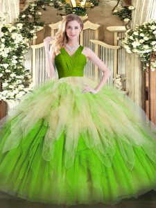 Glittering Multi-color Ball Gowns V-neck Sleeveless Organza Floor Length Zipper Ruffles Quinceanera Gowns