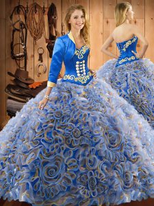 Fine Multi-color Sleeveless Satin and Fabric With Rolling Flowers Sweep Train Lace Up Quinceanera Gown for Military Ball and Sweet 16 and Quinceanera