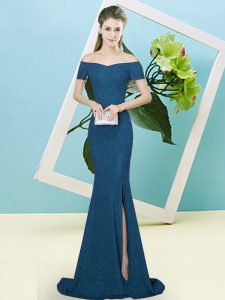 Wonderful Sequined Off The Shoulder Long Sleeves Sweep Train Zipper Sequins Prom Dresses in Blue