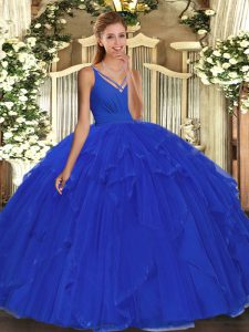 Vintage Blue V-neck Neckline Ruffles Sweet 16 Dresses Sleeveless Backless