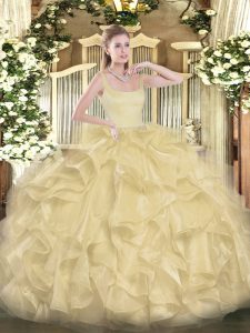 Floor Length Gold Sweet 16 Dress Organza Sleeveless Beading and Ruffles