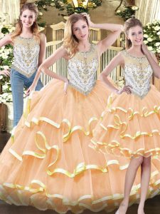 Floor Length Peach Ball Gown Prom Dress Organza Sleeveless Beading and Ruffled Layers