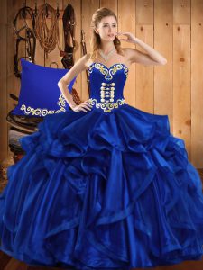 Unique Royal Blue Organza Lace Up Sweet 16 Dress Sleeveless Floor Length Embroidery and Ruffles