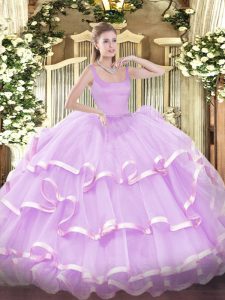 Sleeveless Floor Length Beading and Ruffled Layers Zipper 15th Birthday Dress with Lilac