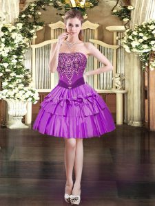 Purple Organza Lace Up Strapless Sleeveless Mini Length Prom Gown Beading