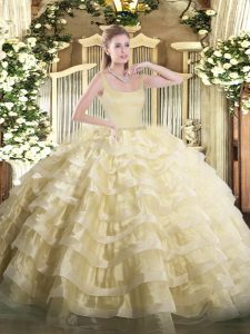 Modern Gold Organza Zipper Straps Sleeveless Floor Length Ball Gown Prom Dress Beading and Ruffled Layers