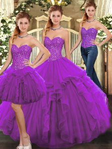 Purple Three Pieces Sweetheart Sleeveless Organza Floor Length Lace Up Ruffles Quinceanera Dresses