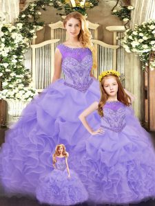 Lavender Sleeveless Organza Lace Up Quinceanera Gown for Military Ball and Sweet 16 and Quinceanera