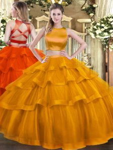 Colorful Sleeveless Tulle Floor Length Criss Cross Quinceanera Dress in Rust Red with Ruffled Layers