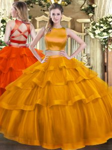 Colorful Sleeveless Tulle Floor Length Criss Cross Quinceanera Dress in Rust Red with Ruffled Layers