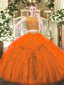 Delicate Scoop Sleeveless Zipper Ball Gown Prom Dress Rust Red Tulle