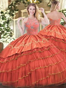 Rust Red Satin and Organza Zipper Quinceanera Gowns Sleeveless Floor Length Beading and Embroidery and Ruffles