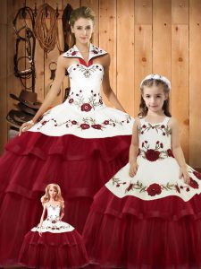 Stylish Wine Red Ball Gowns Halter Top Sleeveless Satin and Organza Floor Length Lace Up Embroidery and Ruffled Layers Sweet 16 Dresses