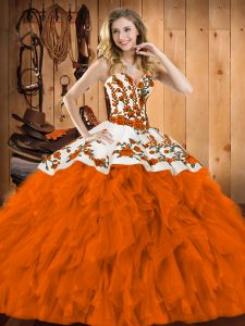 Flirting Sleeveless Floor Length Embroidery and Ruffles Lace Up 15th Birthday Dress with Rust Red