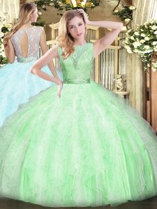 Exceptional Apple Green Backless Scoop Lace and Ruffles Quinceanera Gown Organza Sleeveless