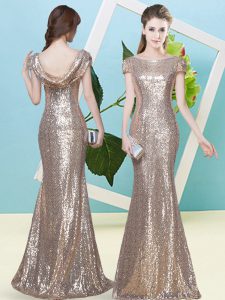 Hot Selling Scoop Cap Sleeves Zipper Prom Party Dress Champagne Sequined