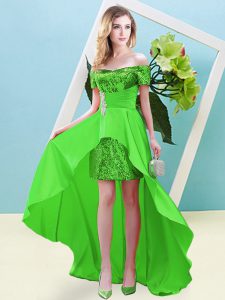 Green Empire Beading Prom Gown Lace Up Elastic Woven Satin and Sequined Short Sleeves High Low
