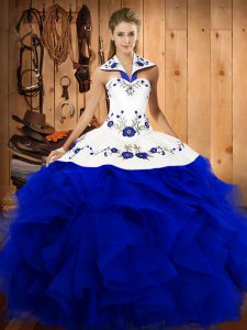 Attractive Royal Blue Ball Gowns Embroidery and Ruffles Sweet 16 Quinceanera Dress Lace Up Tulle Sleeveless Floor Length
