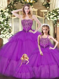 Extravagant Sweetheart Sleeveless Quinceanera Dresses Floor Length Ruffled Layers Purple Organza