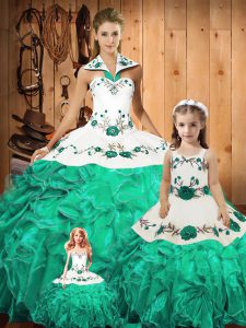 Green Halter Top Lace Up Embroidery and Ruffles 15th Birthday Dress Sleeveless