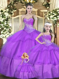 Chic Lilac Tulle Lace Up 15th Birthday Dress Sleeveless Floor Length Beading and Ruffles and Ruching