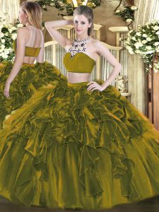 Excellent Olive Green Two Pieces High-neck Sleeveless Tulle Floor Length Backless Beading and Ruffles Quinceanera Gowns