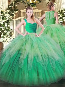 Spectacular Multi-color Zipper Straps Ruffles Sweet 16 Dress Organza Sleeveless