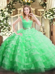 Fashion Apple Green Organza Zipper Ball Gown Prom Dress Sleeveless Floor Length Ruffled Layers