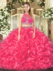 Attractive Coral Red Sweet 16 Dresses Military Ball and Sweet 16 and Quinceanera with Beading and Ruffles Scoop Sleeveless Zipper