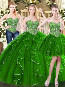 Edgy Green Sweetheart Neckline Beading and Ruffles 15th Birthday Dress Sleeveless Lace Up