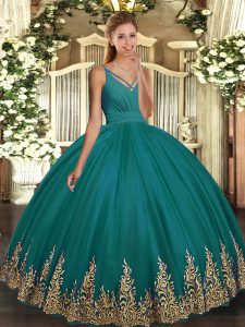 Floor Length Backless Vestidos de Quinceanera Teal for Sweet 16 and Quinceanera with Appliques