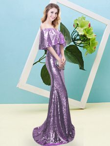 Beauteous Lavender Off The Shoulder Zipper Sequins Prom Dress Half Sleeves