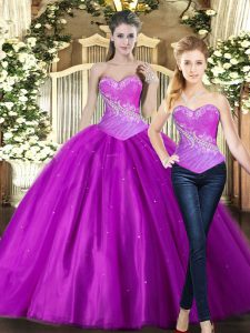 Floor Length Lace Up 15 Quinceanera Dress Fuchsia for Military Ball and Sweet 16 and Quinceanera with Beading