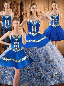 Unique Sweetheart Sleeveless Sweep Train Lace Up Vestidos de Quinceanera Multi-color Satin and Fabric With Rolling Flowers