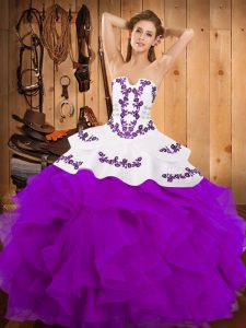 Classical Satin and Organza Strapless Sleeveless Lace Up Embroidery and Ruffles Vestidos de Quinceanera in Purple