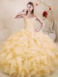 Floor Length Gold Quinceanera Gowns Sweetheart Sleeveless Lace Up
