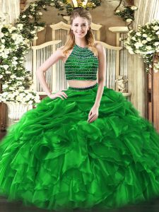 Green Two Pieces Beading and Ruffles Quinceanera Dresses Zipper Tulle Sleeveless Floor Length
