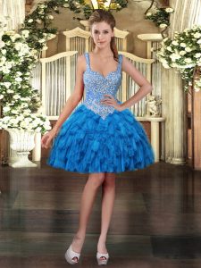 Latest Sleeveless Mini Length Beading and Ruffles Lace Up Prom Gown with Blue